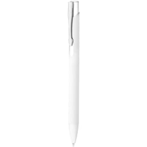 A white metal pen with a silver clip and a smooth, sleek design. It features a branding logo.