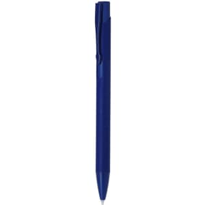A blue metal pen with a clip, featuring a sleek and modern design. It has a logo on the barrel.