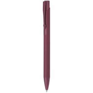 A metal pen in a deep burgundy colour with a sleek design and a clip. It features a logo on the barrel.