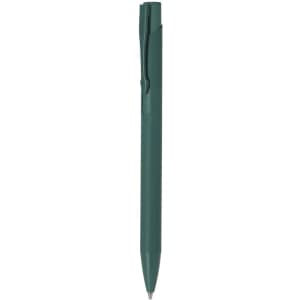 A metal pen in dark green, featuring a clip and a sleek design. The pen has a branding logo visible.