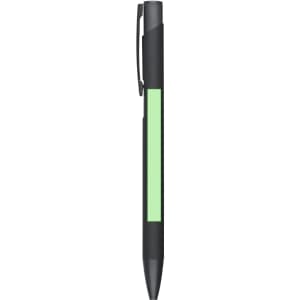 A metal pen in black with a green accent and a clip for attaching to notebooks or pockets.
