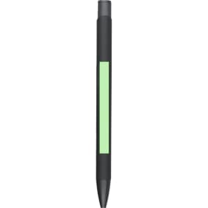A metal pen in black with a green accent and a cap at the top, featuring a logo on its body.