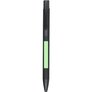 A metal pen in black with a green accent and a clip, featuring a branding logo on the side.