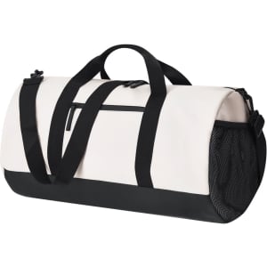 A duffle bag in white with black accents, featuring a zippered compartment and a mesh side pocket.