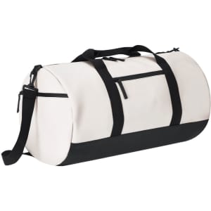 A duffle bag in cream and black, featuring a zippered pocket and adjustable shoulder strap. Brand logo present.