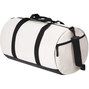 A beige duffle bag with black accents and straps, featuring a zippered pocket and a round shape.