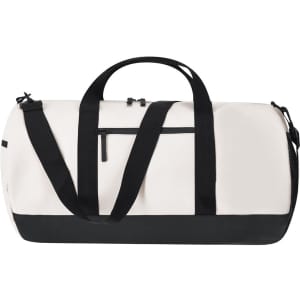 A duffle bag featuring a white upper body with a black base, equipped with handles and a shoulder strap, and a zip pocket.