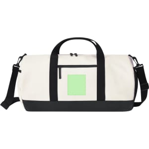 A duffle bag in cream with black accents and a green patch, featuring handles and an adjustable strap.