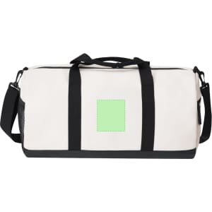 A duffle bag in cream with black straps and a mesh side pocket. It features a square area for branding.