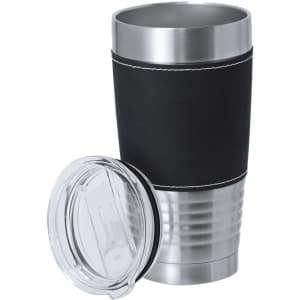 A drink bottle featuring a stainless steel body with a black textured grip and a clear lid. It has a logo on the side.