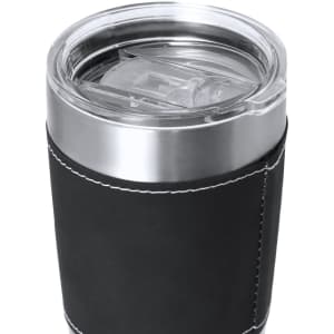 A travel mug with a stainless steel base, black leather sleeve, and a clear plastic lid. It features a logo.