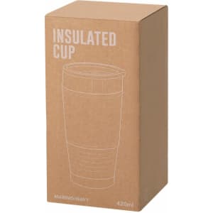 A drink bottle in a brown cardboard box features a sketch of a navy insulated cup. The product has a logo on the packaging.