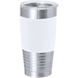 A stainless steel insulated cup with a white silicone sleeve and a transparent lid. It features a logo.