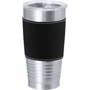 A travel mug featuring a stainless steel body, a black silicone grip, and a clear lid. It has a logo on the body.