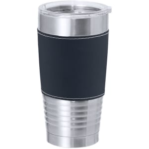 A drink bottle featuring a stainless steel base with a navy-blue insulated sleeve and a clear lid.
