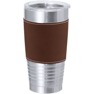 A drink bottle with a stainless steel base and a brown leather sleeve, featuring a clear lid.