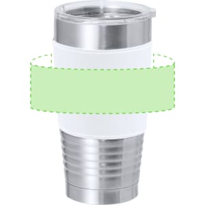 A travel mug with an insulated stainless steel base and a white upper section, featuring a lid and a branding logo.