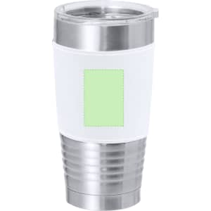 A stainless steel insulated cup with a white silicone grip and a clear lid. It has a blank space for customisation.