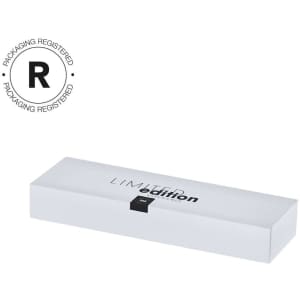 A white box featuring a minimalist design, labelled "limited edition," containing a metal pen.