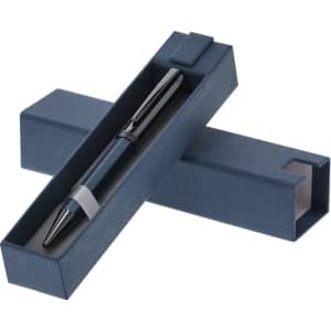 A metal pen in a navy blue box with a sleek design and an embedded logo. The box is open, displaying the pen.
