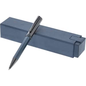 A metal pen in a dark blue finish, resting on a matching blue rectangular case. The pen has a sleek design and a black clip.