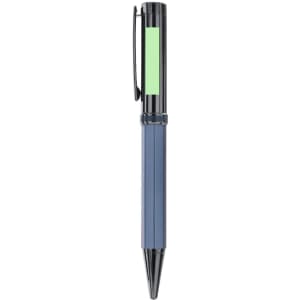 A metal pen in navy blue with a green accent, featuring a clip and a logo.