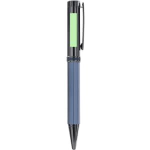 A metal pen with a blue body and a green section, featuring a clip and a glossy finish. It has a logo on the side.