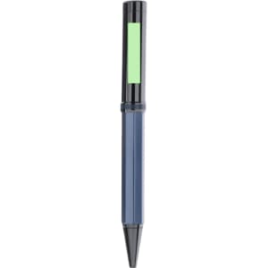 A metal pen in navy blue and black with a green section and a logo.