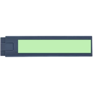 A metal pen in navy blue with a light green section for branding or personalisation.