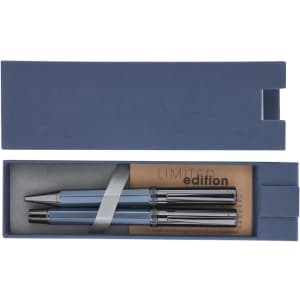 A blue pen set in a stylish box, featuring two metal pens with silver accents and a logo.