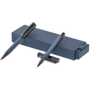 A navy blue pen set featuring two metal pens and a matching presentation box. The set includes a branded logo.
