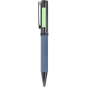 A metallic pen in navy blue with a black grip and a green accent, featuring a clip and a branding logo.