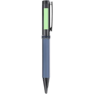 A metal pen in blue and black with a green highlight, featuring a clip and branding.