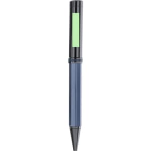 A metal pen in navy blue with a black cap and a green accent, featuring a logo on the barrel.