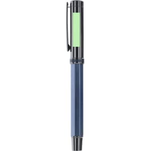 A metal pen in navy blue with a black clip and a green highlighting section. It features a logo on the body.