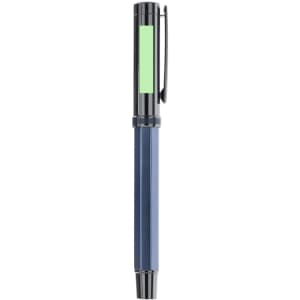 A metal pen in navy blue with a mint green highlight and a clip, featuring a logo on the barrel.