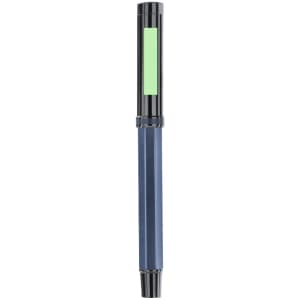 A blue metal pen with a sleek design and a green accent, featuring a logo near the top.