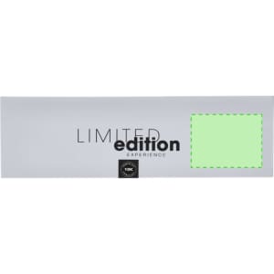 A promotional product packaging featuring a silver design with a green highlight and a logo.