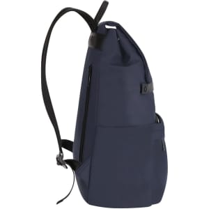 A navy blue backpack with a sleek design, featuring a side pocket and a logo. The straps are black.