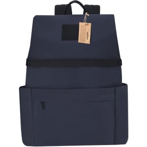 A dark navy backpack with a front pocket and a hanging tag, featuring a simple design and shoulder straps.