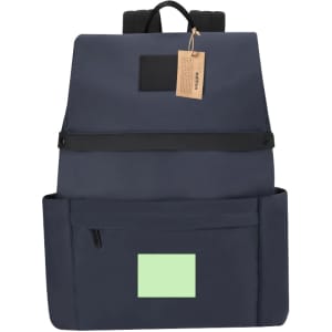 A navy blue backpack featuring a front pocket and a branding tag, with a light green accent patch.