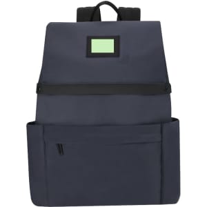 A navy blue Salkey Backpack with a front pocket and a logo. It features adjustable shoulder straps.