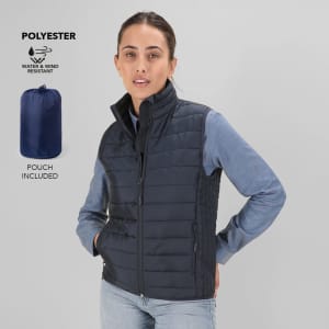 A dark navy women's vest made from polyester, featuring a zip closure and a pouch for storage.