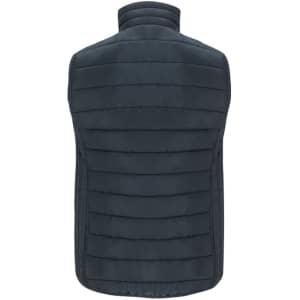 A dark navy women's vest with a quilted design and a high collar, featuring a logo on the side.