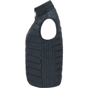 A dark grey women's vest with a high collar and an asymmetrical zip, featuring quilted detailing on the front.