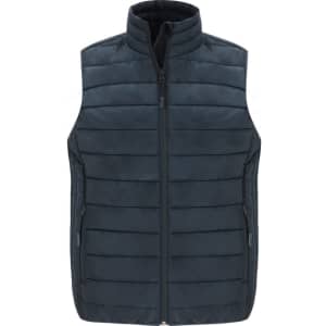 A navy blue women's vest with a high collar and zip front, featuring horizontal quilted detailing and side pockets.