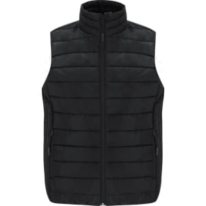 A black women's vest with a zip front, featuring a quilted design and two side pockets.