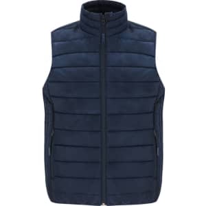 A navy blue women's vest with a high collar, featuring horizontal stitching and zippered pockets.