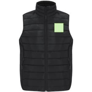 A black women's vest with a quilted design and a small patch on the front. Features a high collar and zip closure.