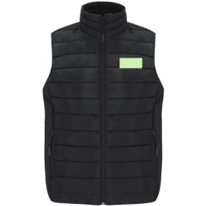 A black women's vest with a quilted design, featuring a front zip and a small logo on the chest pocket.